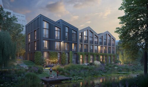 Impressie riante nieuwbouw herenhuizen in Park Valley, Diemen