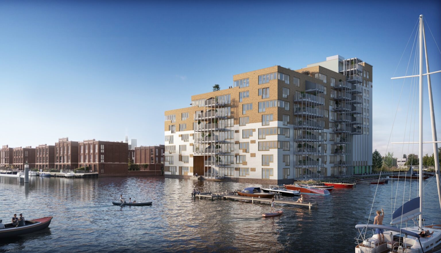 Impressie Zaans Pijl: nieuwbouw appartementen en boothuis aan de Zaan in Wormerveer
